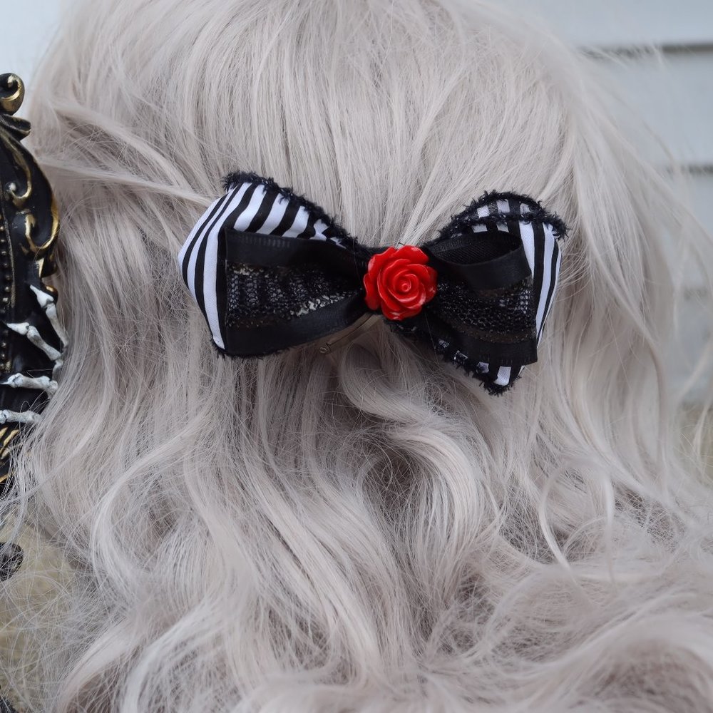 New Halloween Red Rose Stripe Hair Bow Clip - Black * White Hand Crafted